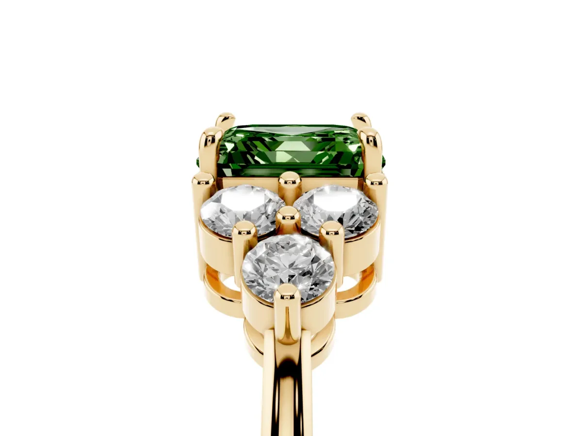Fancy Green Asscher Cut Brilliant Diamond Cluster Accent Solitaire Ring with Prong Setting Yellow gold