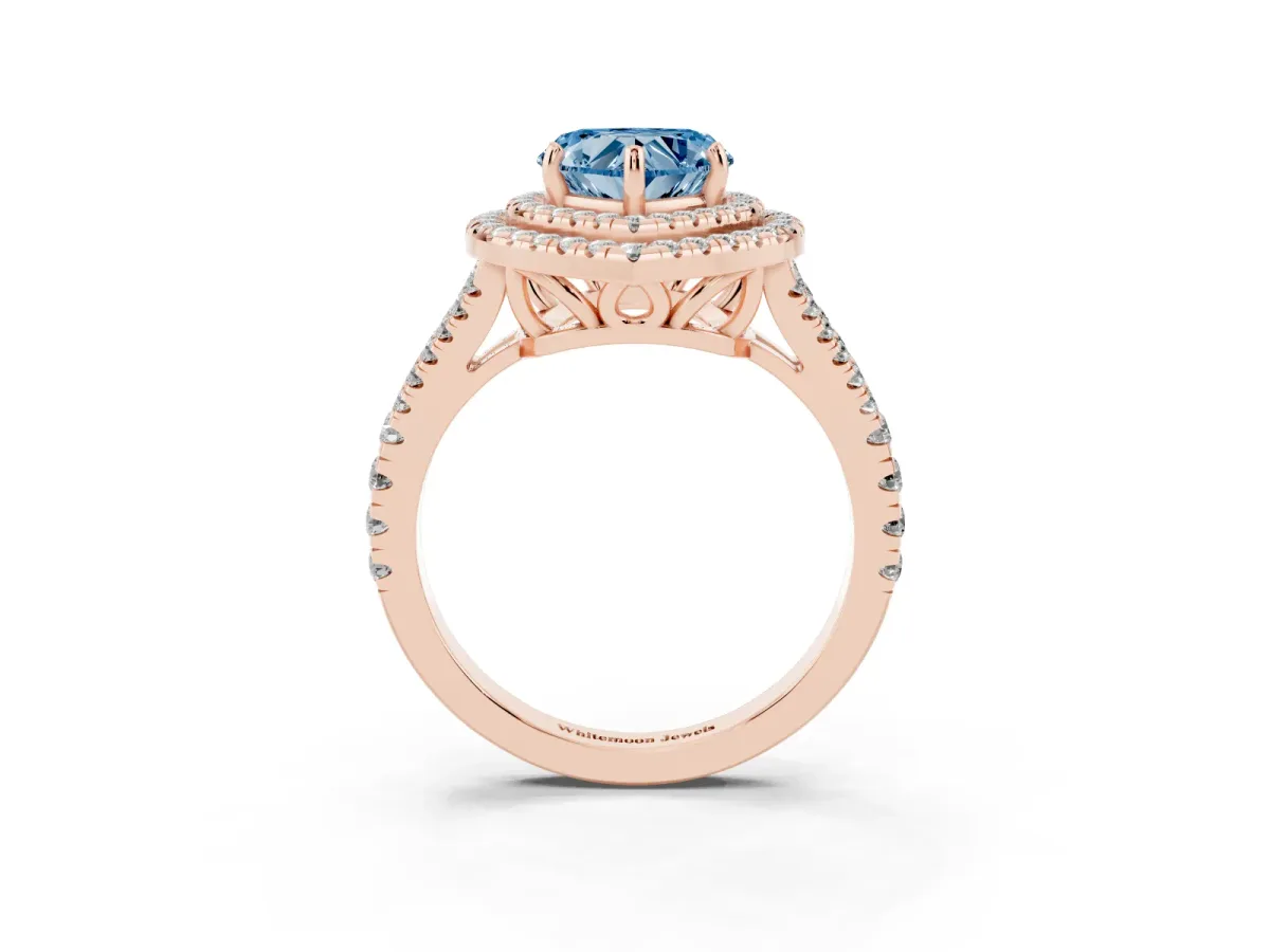 Fancy Blue Heart Cut Diamond Double Halo Ring with Pavé Band and Prong Setting Rose gold
