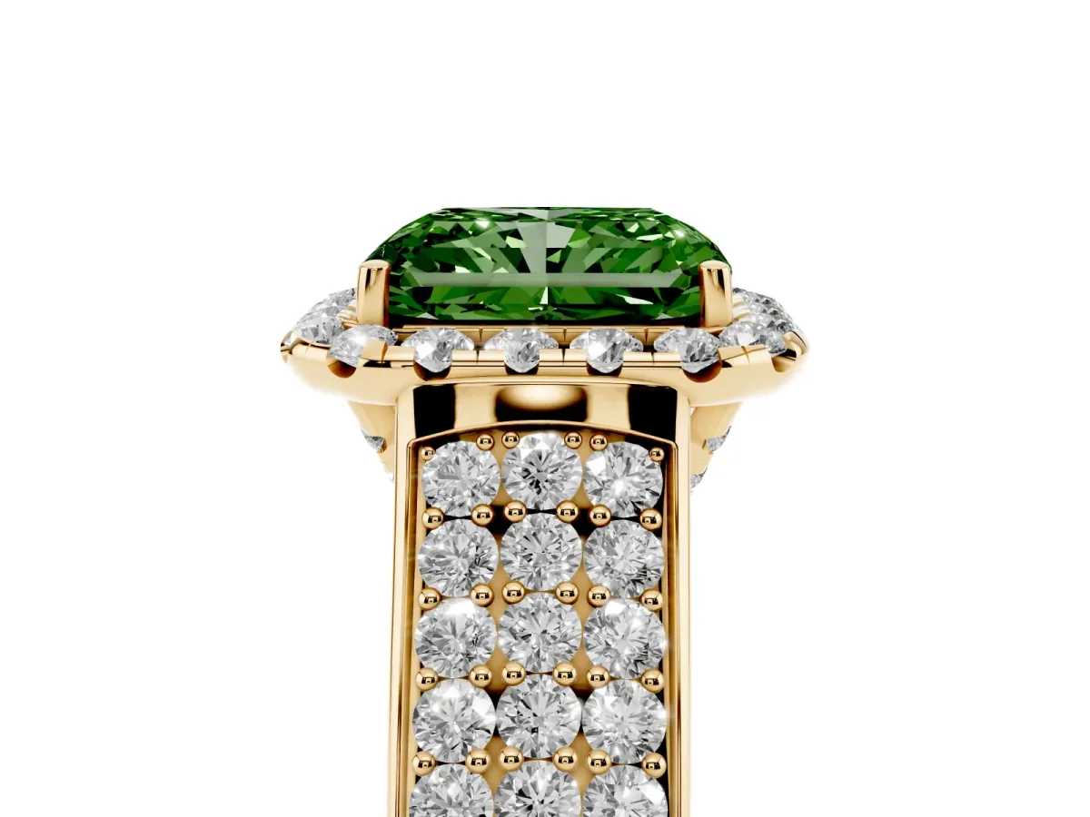 Fancy Green Radiant Cut Halo Round Diamond Pave Band with Prong Setting Yellow gold