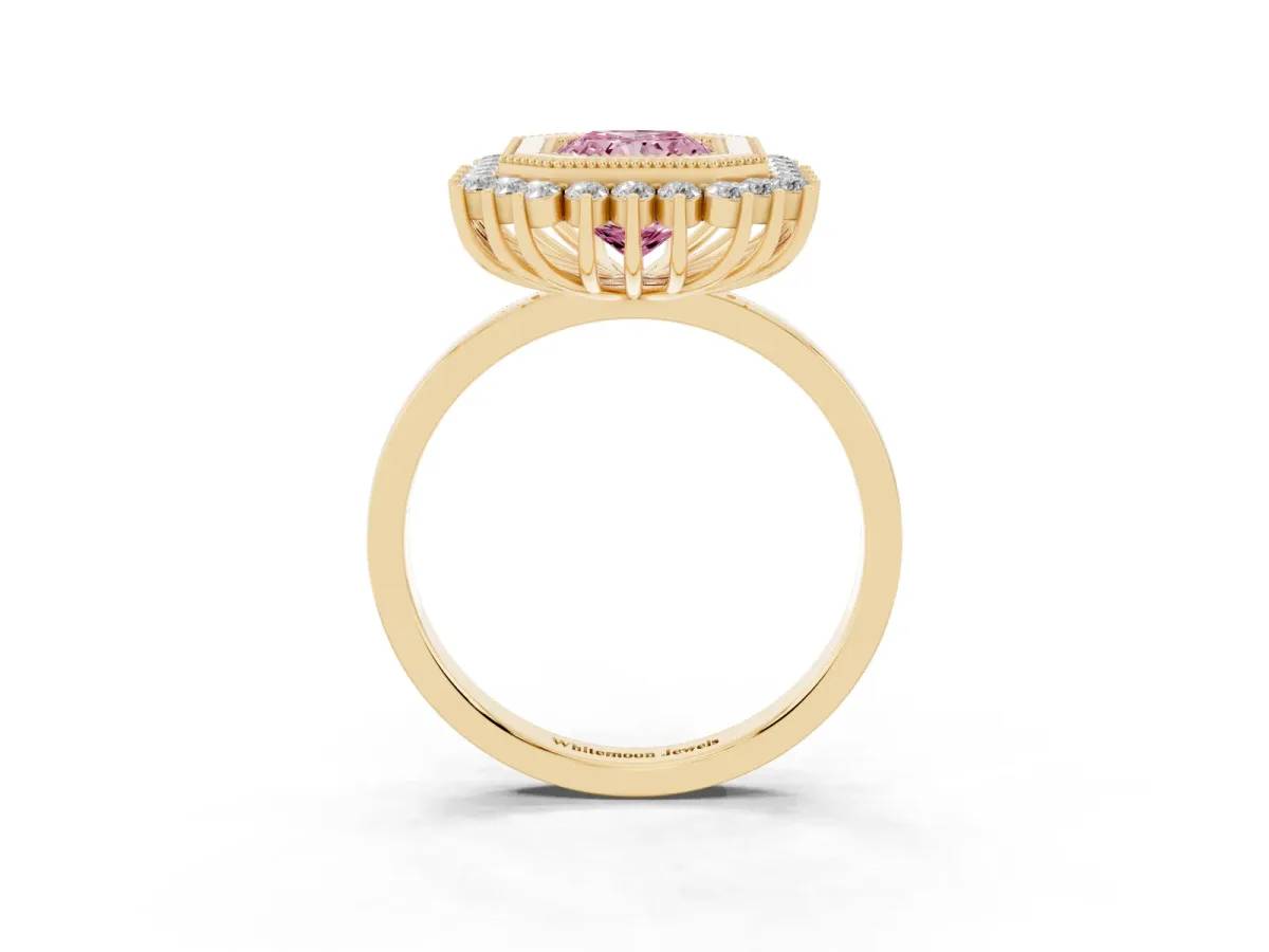 Fancy Pink Radiant Cut Halo Diamond Ring with Milgrain Edge and Round Prong Setting Yellow gold