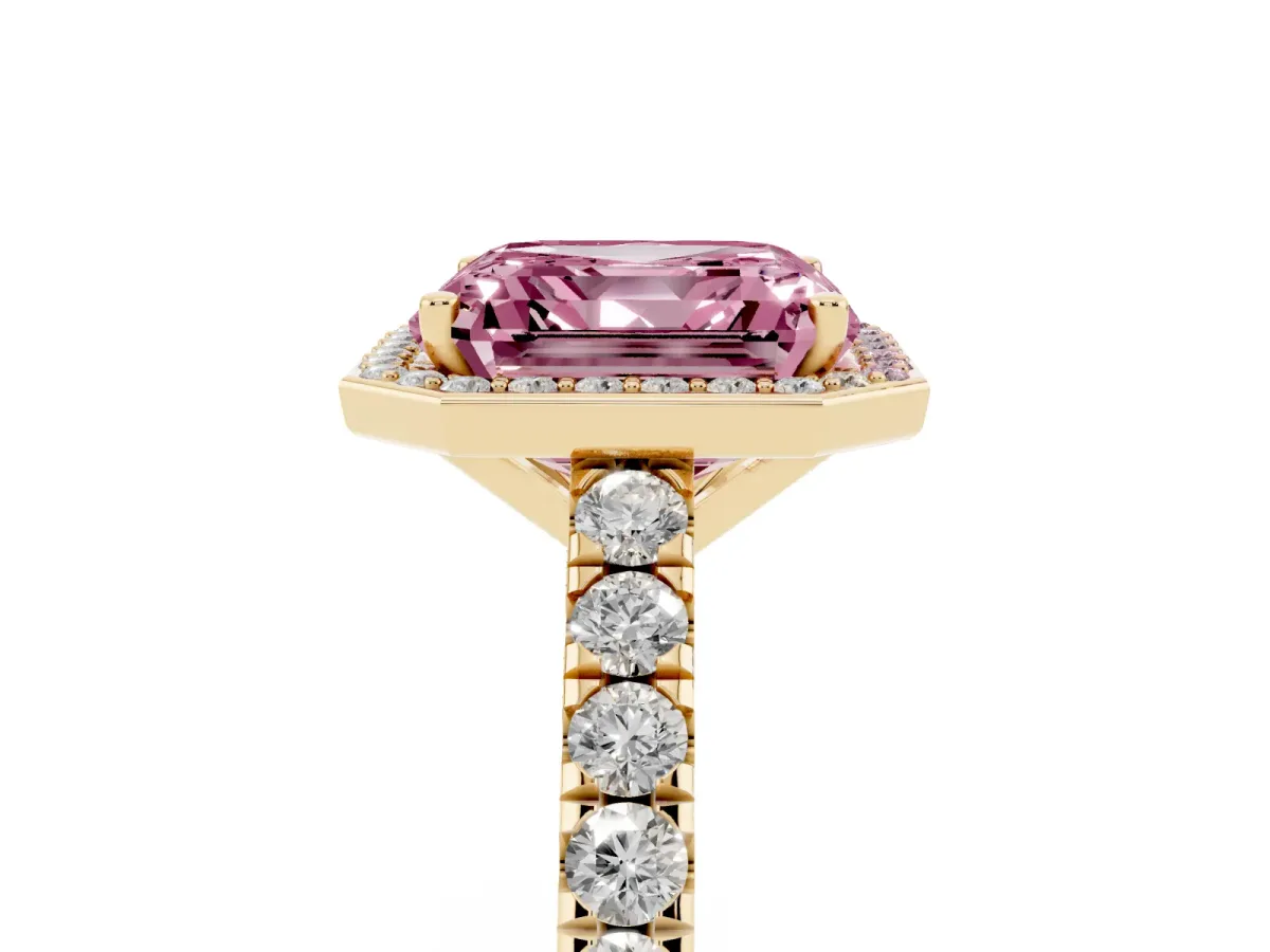 Fancy Pink Asscher Cut Cut Halo Diamond Engagement Ring with Pave Band and Four-Prong Setting Yellow gold