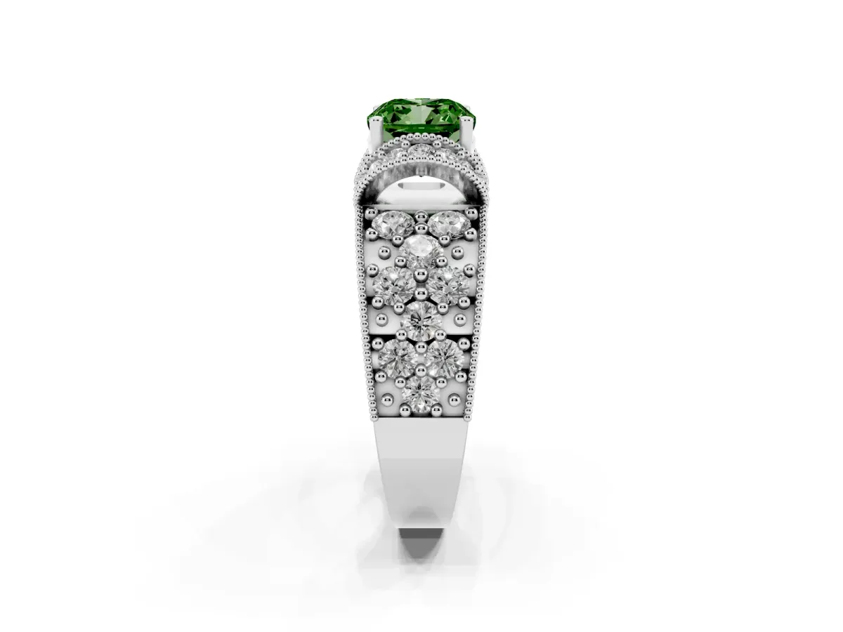Fancy Green Cushion Cut Halo Pave Diamond Engagement Ring with Milgrain Detailing Silver