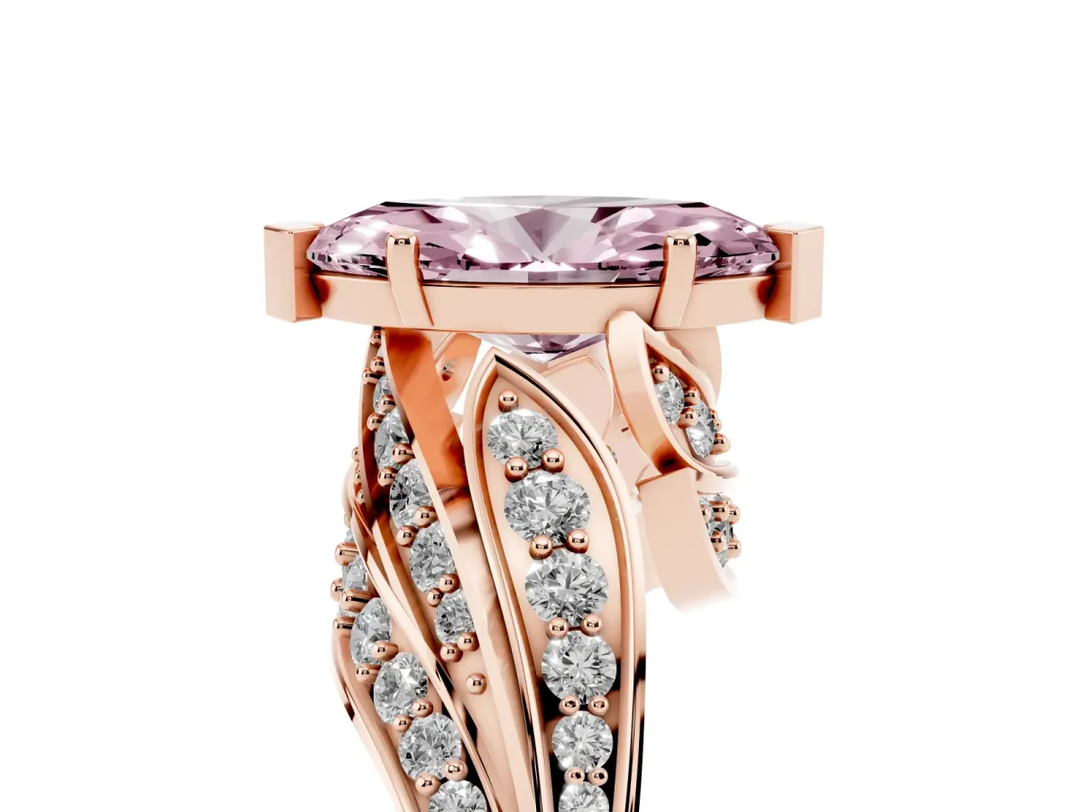 Fancy Pink Marquise Cut Diamond Solitaire Ring with Prong Setting and Twisted Pavé Band Rose gold