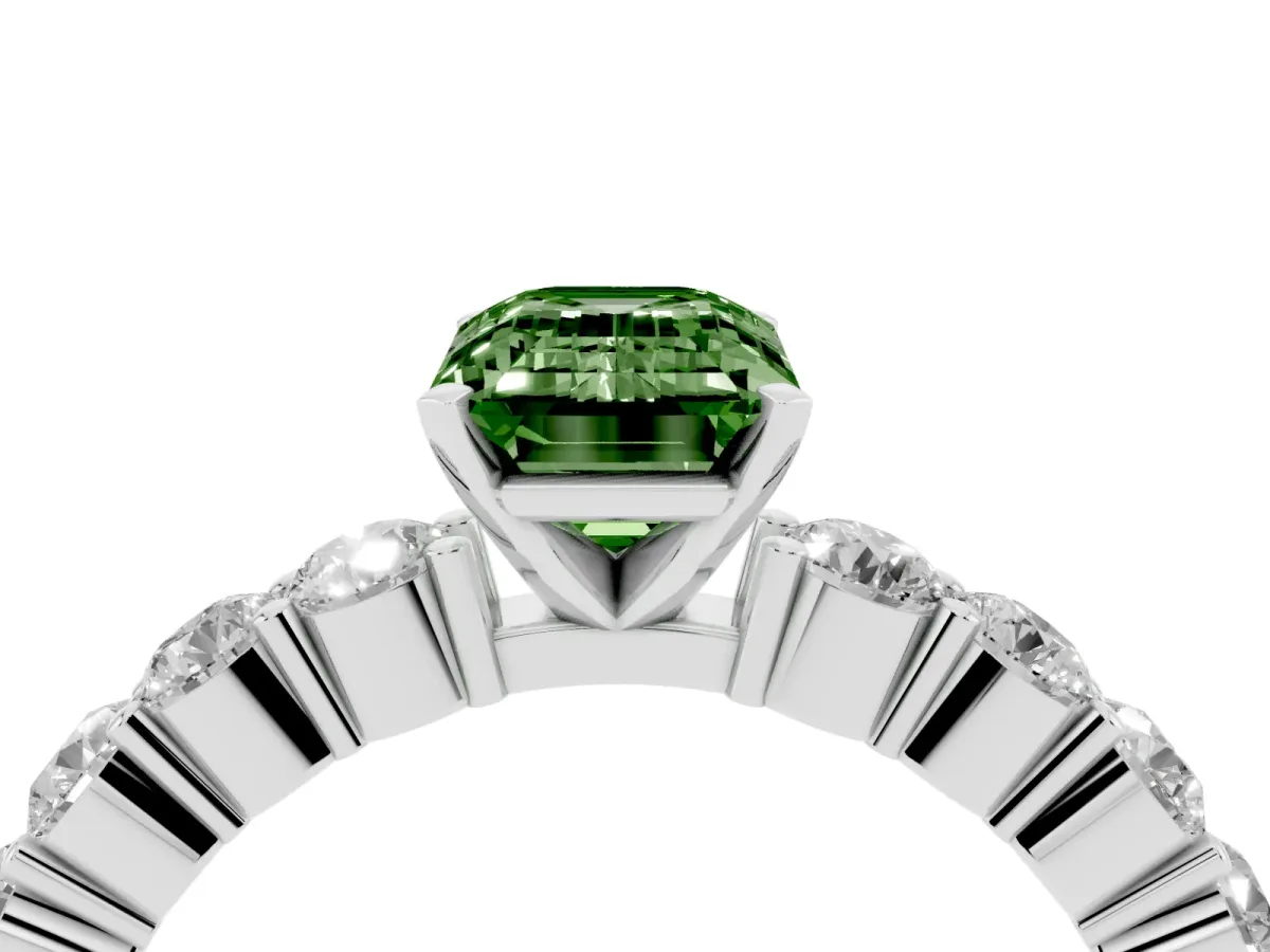 Fancy Green Emerald Cut Diamond Solitaire Ring with Shared Prong Round Side Stones Silver