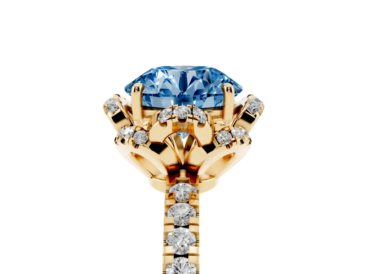 Fancy Blue Round Cut Halo Diamond Pave Band Ring with Four-Prong Setting Yellow gold