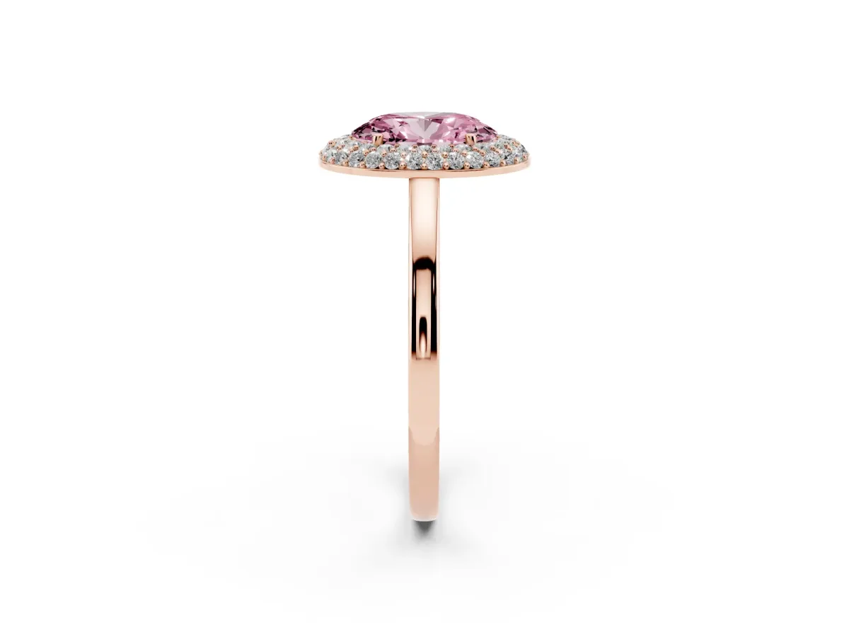 Fancy Pink Oval Cut Halo Diamond Engagement Ring with Solitaire Band and Four-Prong Setting Rose gold