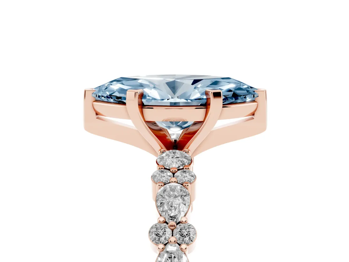 Fancy Blue Marquise Cut Diamond Side Stone Solitaire Ring with Round and Four-Prong Setting Rose gold