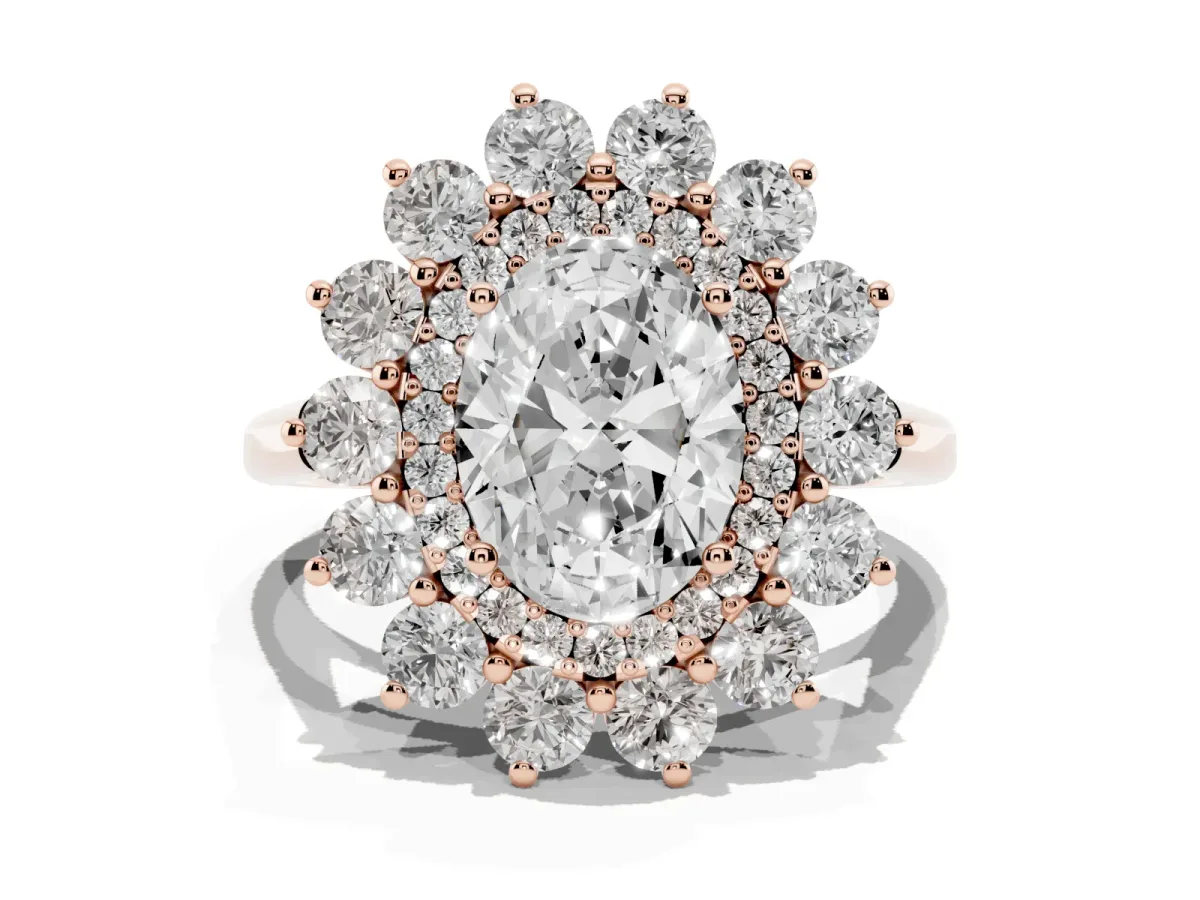 Oval Cut Diamond Floral Double Halo Engagement Ring with Prong Setting Rose gold