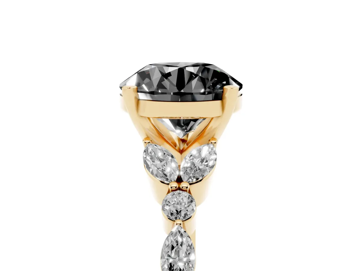 Fancy Black Round Cut Diamond Solitaire Ring with Side Stones and Four-Prong Setting Yellow gold
