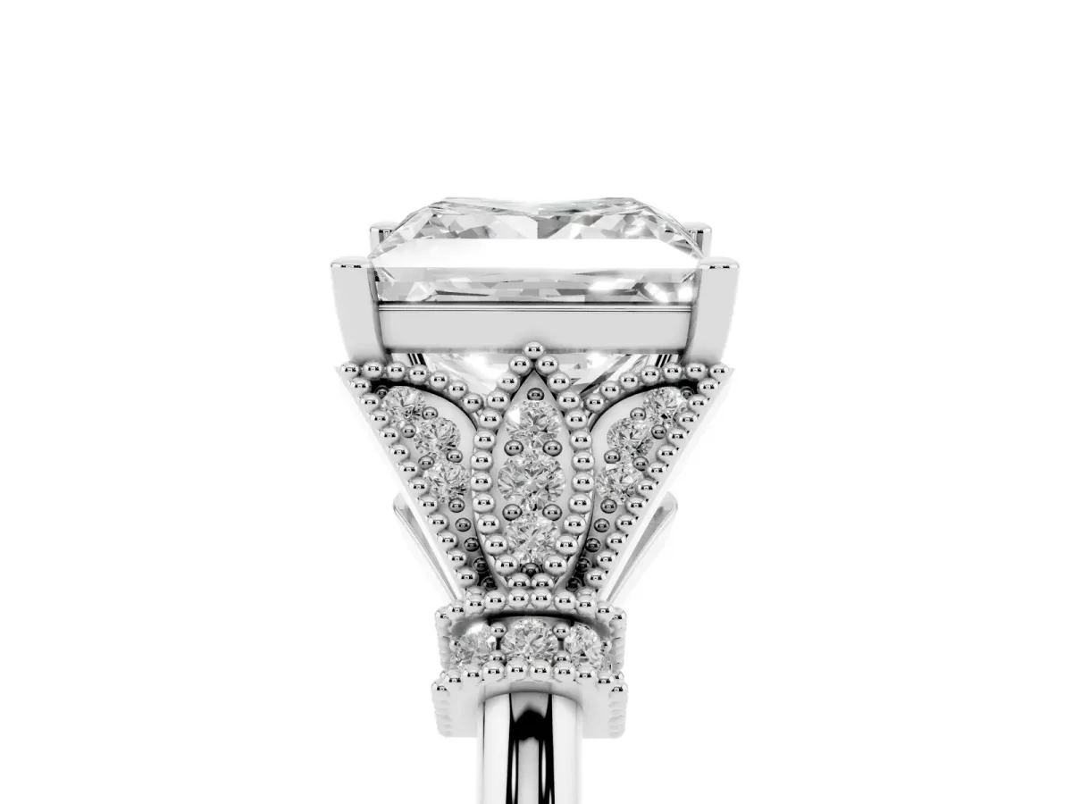 Princess Cut Diamond Solitaire Ring with Floral Filigree and Pave Accents White gold