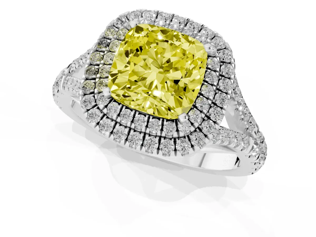 Fancy Yellow Cushion Cut Diamond Pavé Split Shank Double Halo Engagement Ring Silver