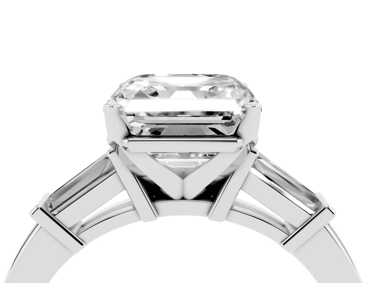 Asscher Cut Cut Diamond Solitaire Ring with Tapered Baguette Accents and Four-Prong Setting Platinum