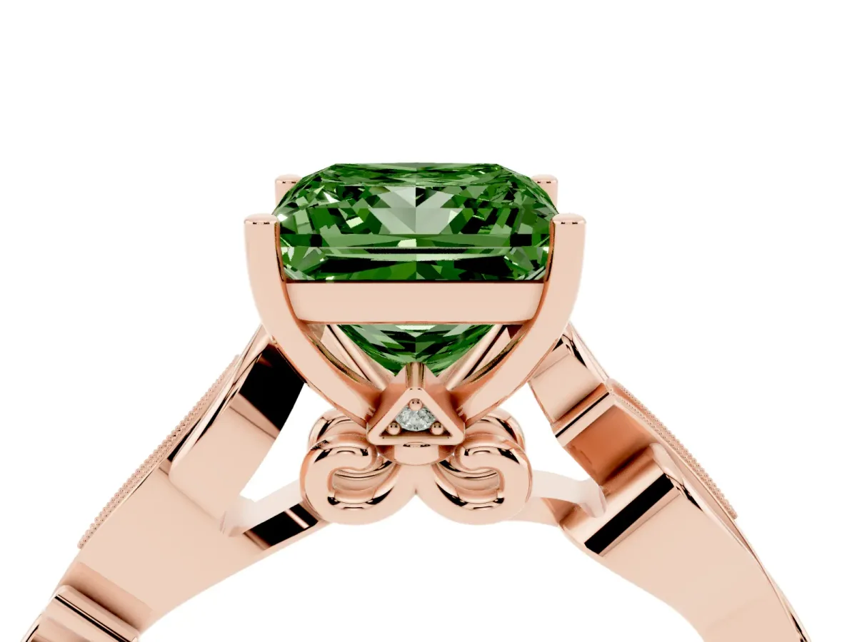 Fancy Green Princess Cut Solitaire Vine Band with Milgrain Prong Setting Rose gold