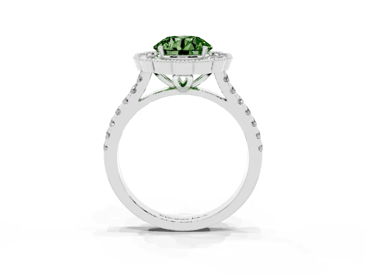 Fancy Green Round Cut Cut Diamond Milgrain Floral Halo Engagement Ring with Pavé Band White gold