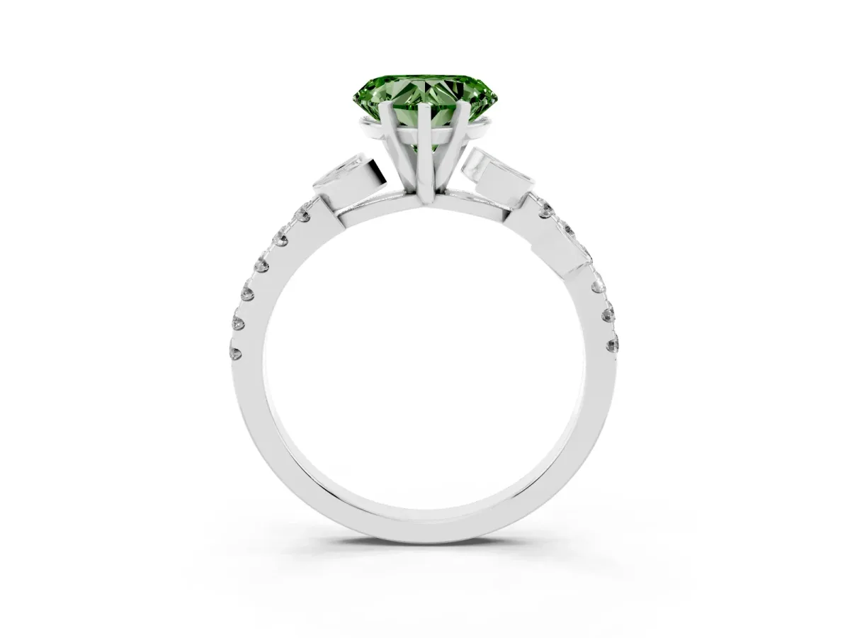 Fancy Green Heart Cut Solitaire Leaf-Inspired Diamond Ring with Pavé Band and Four-Prong Setting Silver