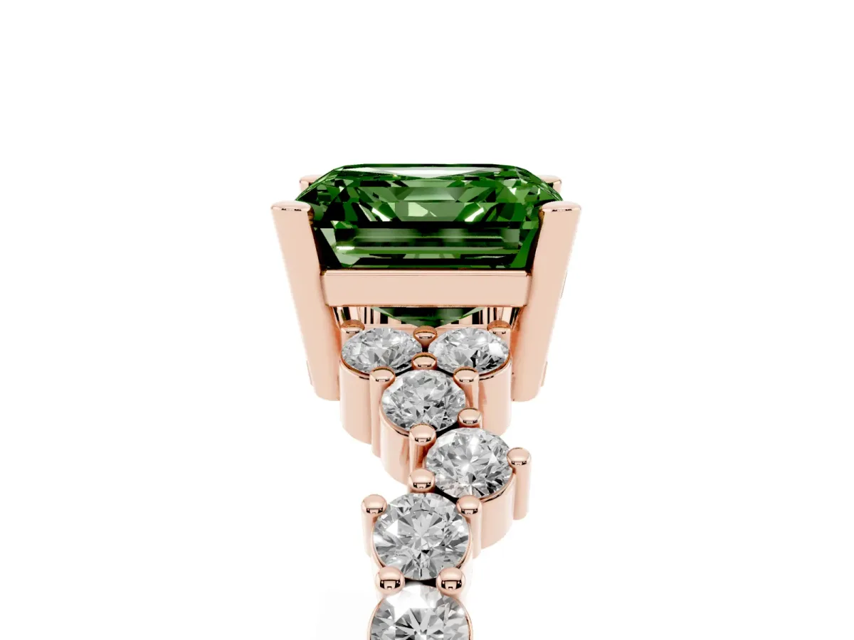 Fancy Green Asscher Cut Diamond Scattered Round Accent Ring with Prong Setting Rose gold