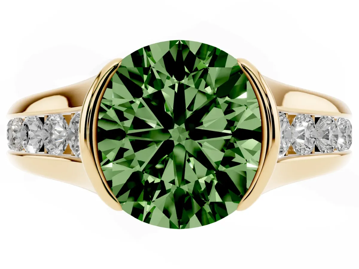 Fancy Green Round Cut Solitaire Bezel-Set Diamond Ring with Channel-Set Band Yellow gold