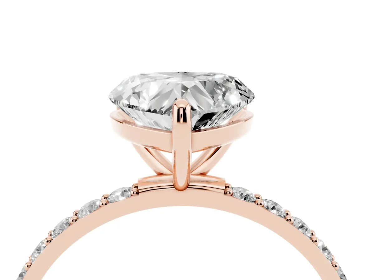 Heart Cut Diamond Solitaire Ring with Round Pavé Band and Prong Setting Rose gold