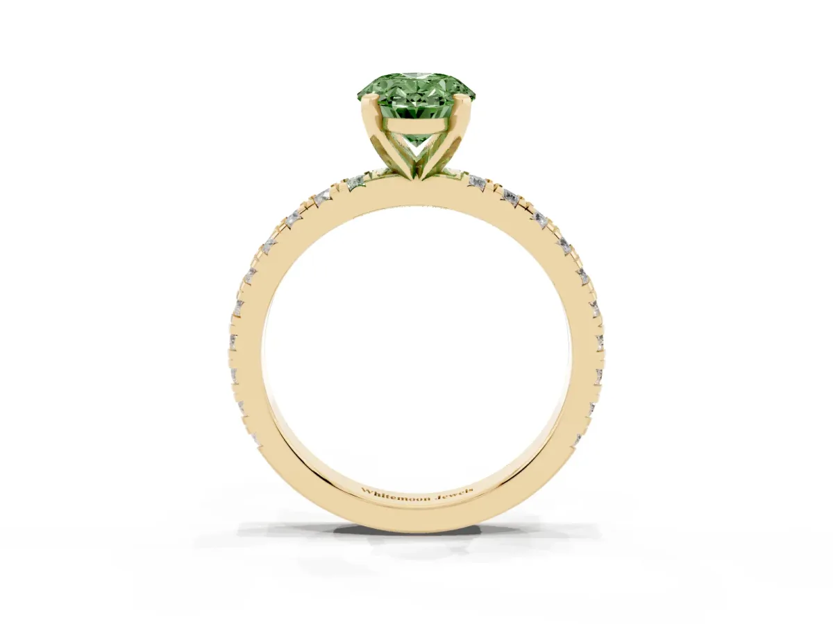 Fancy Green Oval Cut Diamond Pavé Band Solitaire with Four-Prong Setting Yellow gold