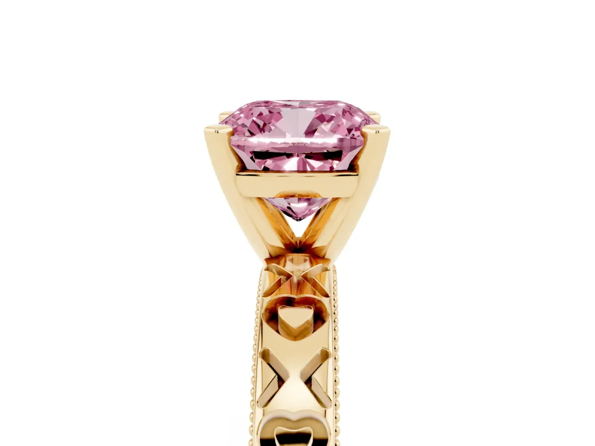 Fancy Pink Cushion Cut Solitaire Diamond Engagement Ring with XO Engraved Band and Four-Prong Setting Yellow gold