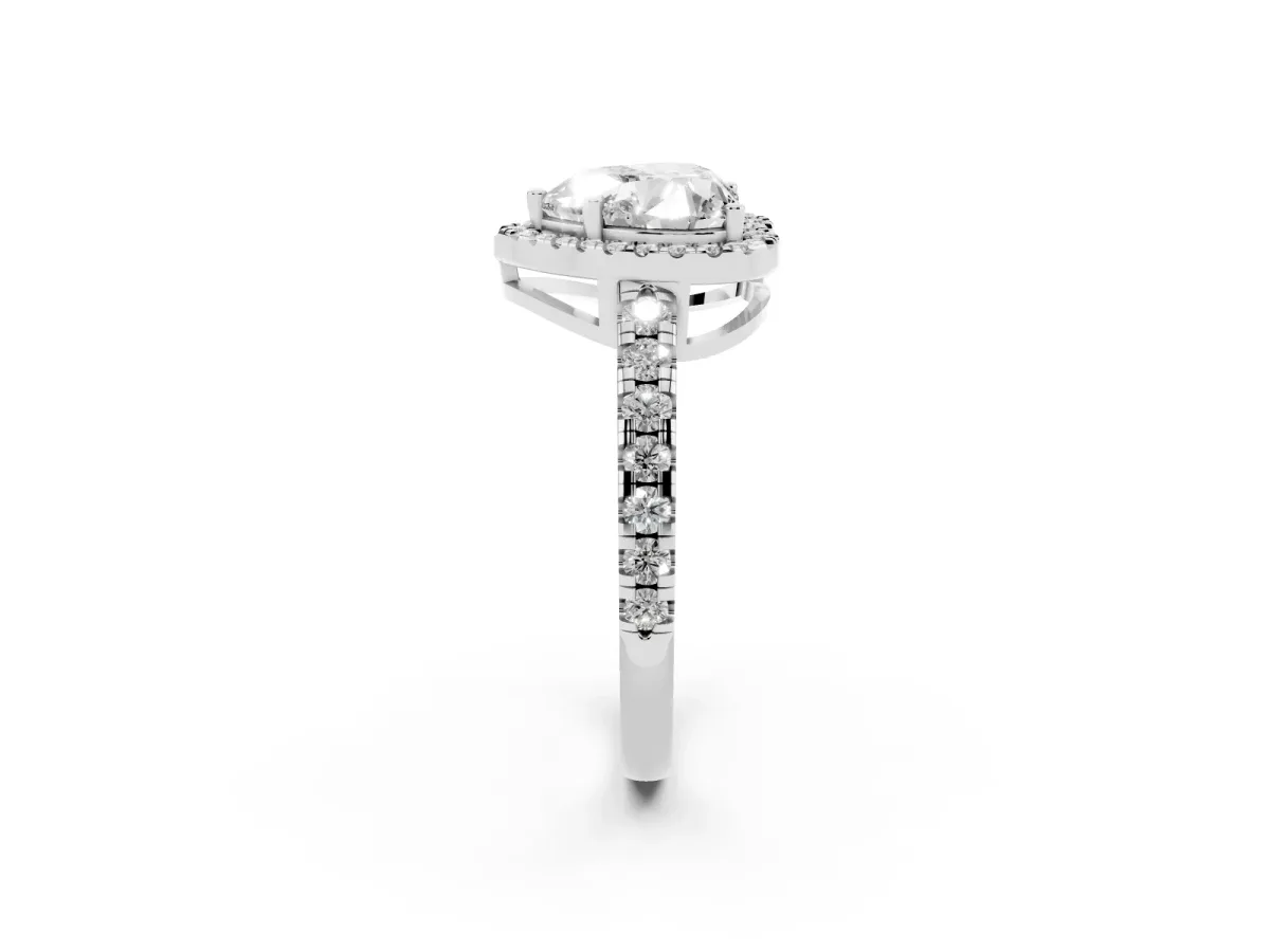 Heart Cut Diamond Halo Ring with Pavé Band and Four-Prong Setting White gold