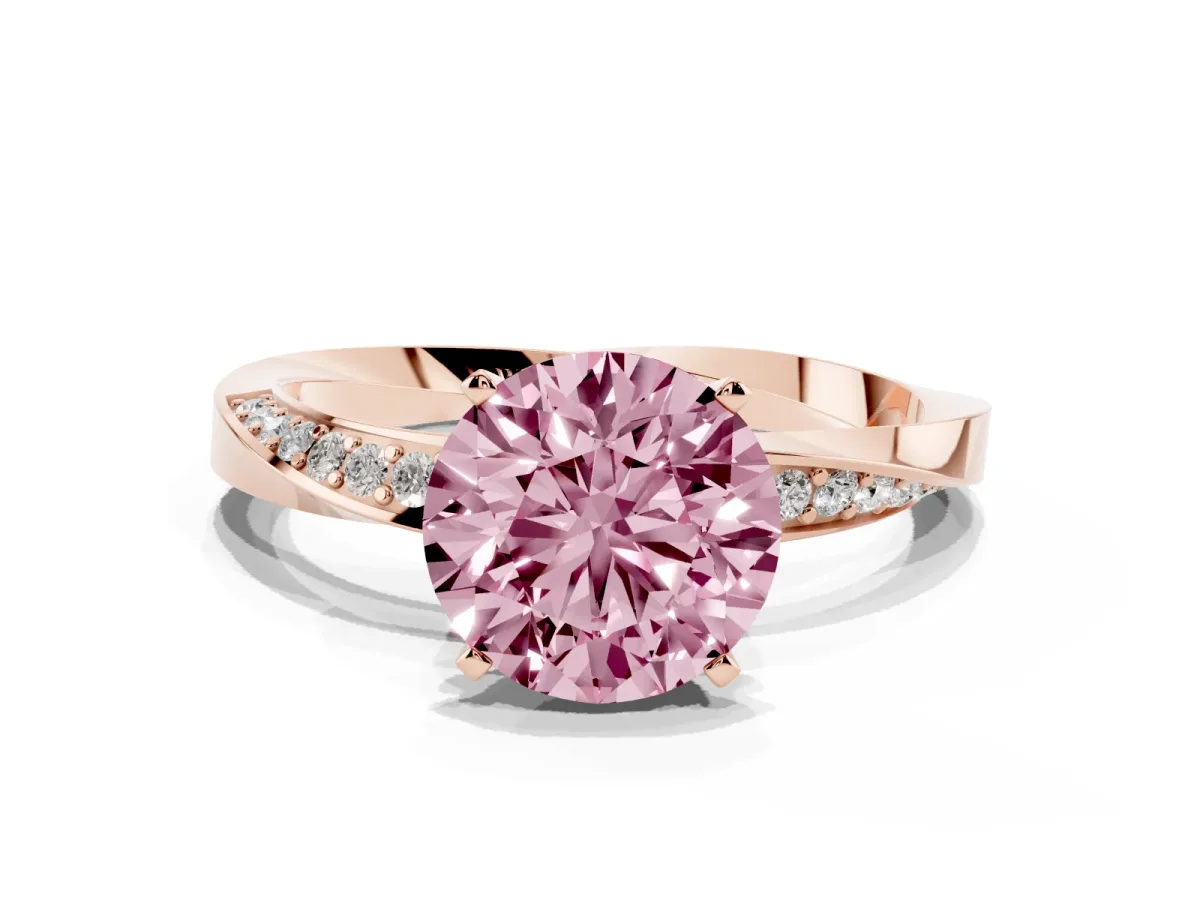 Fancy Pink Round Cut Diamond Engagement Ring with Side Stone Accents and Four-Prong Setting Rose gold