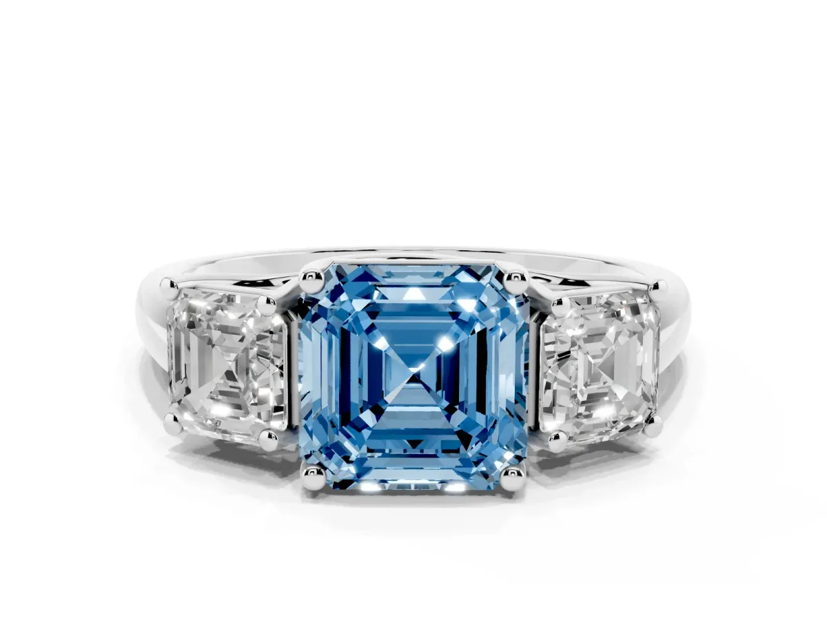 Fancy Blue Three-Stone Asscher Cut Diamond Engagement Ring with Prong Setting Silver