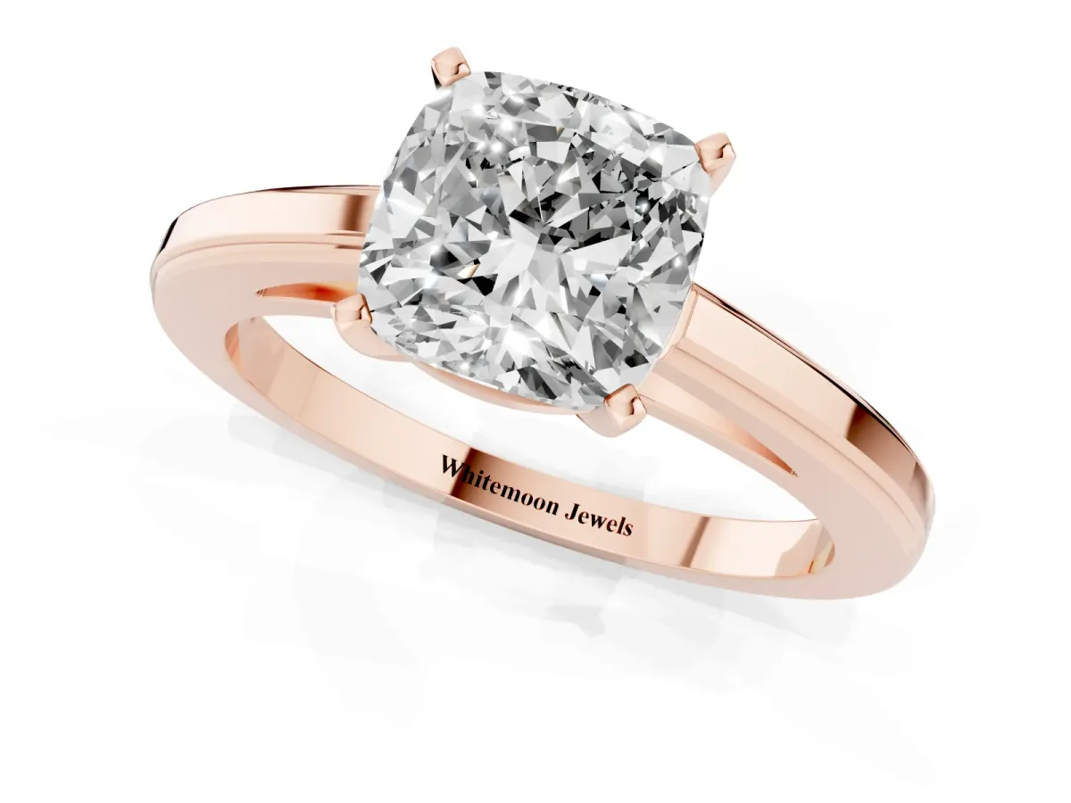 Cushion Cut Solitaire Diamond Ring with Four-Prong Setting and Classic Band Rose gold