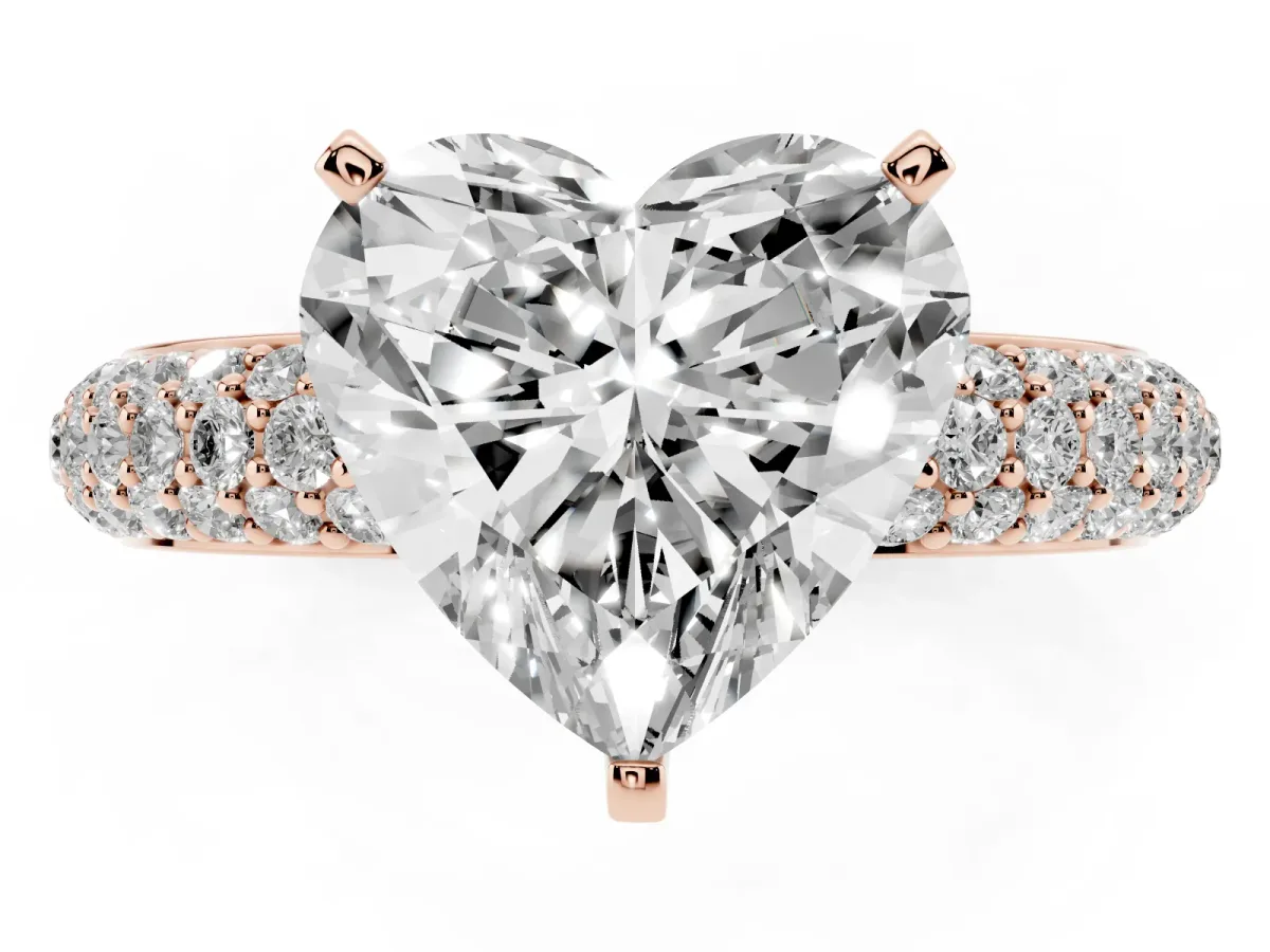 Heart Cut Diamond Solitaire Ring with Prong Setting and Pavé Band Rose gold