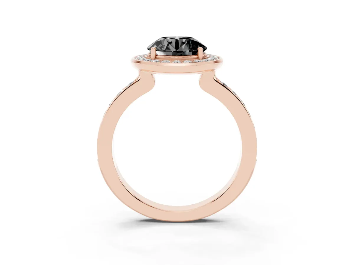 Fancy Black Round Cut Diamond Halo Ring with Bezel Frame and Pavé Band Rose gold