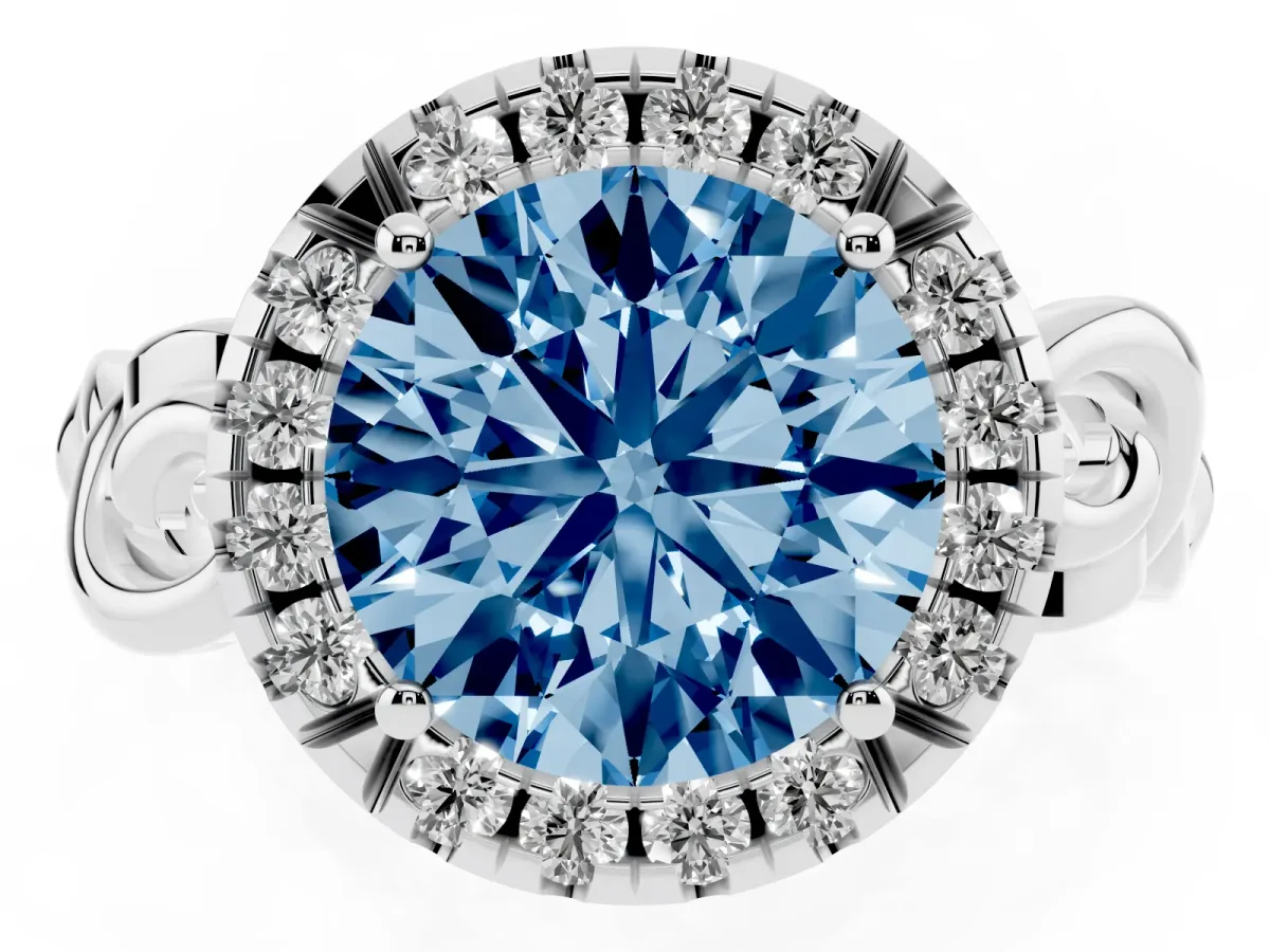 Fancy Blue Round Cut Cut Halo Diamond Ring with Scrollwork Band and Four-Prong Setting Platinum