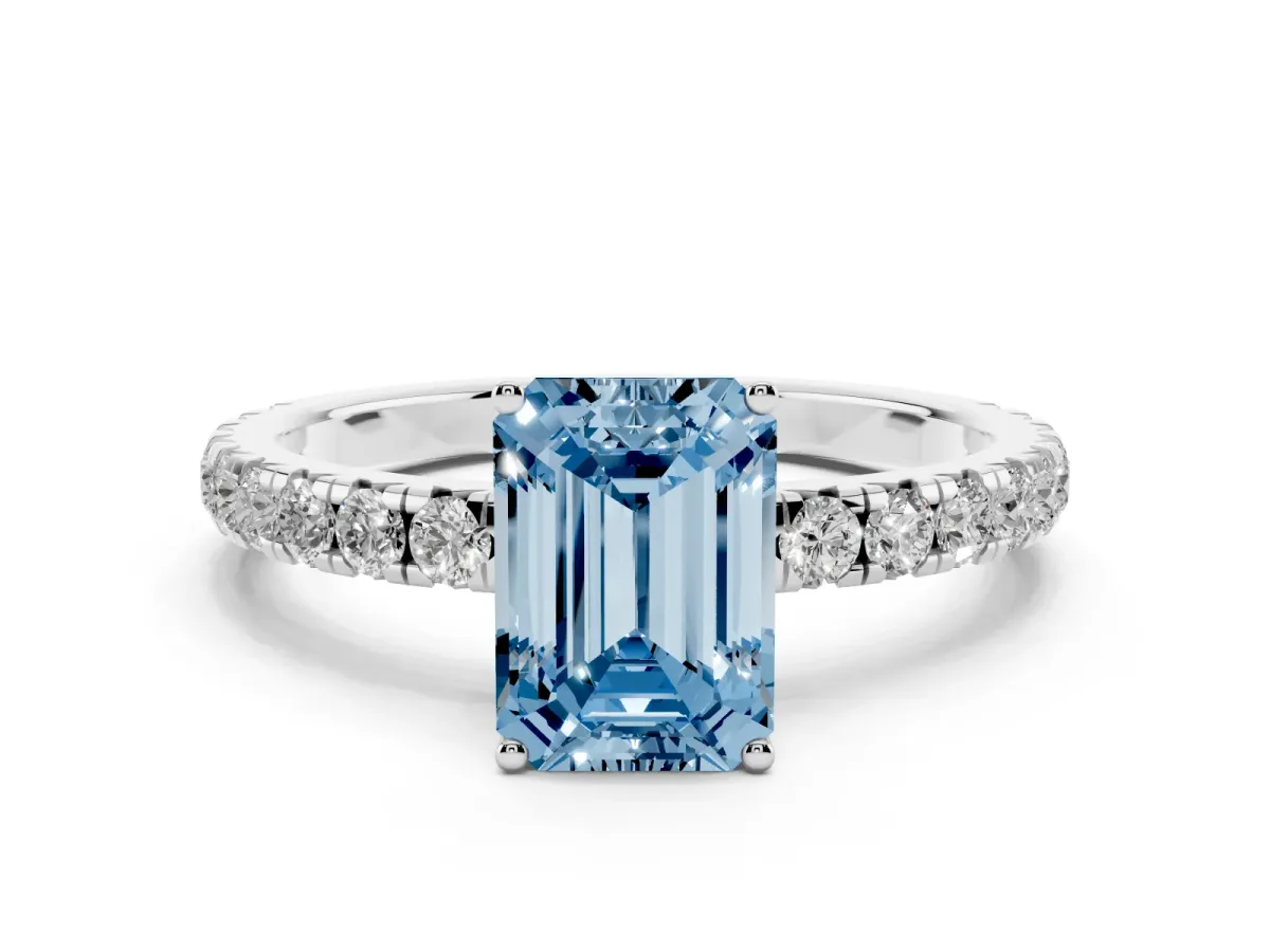 Fancy Blue Emerald Cut Diamond Pavé Solitaire Engagement Ring with Four-Prong Setting Platinum