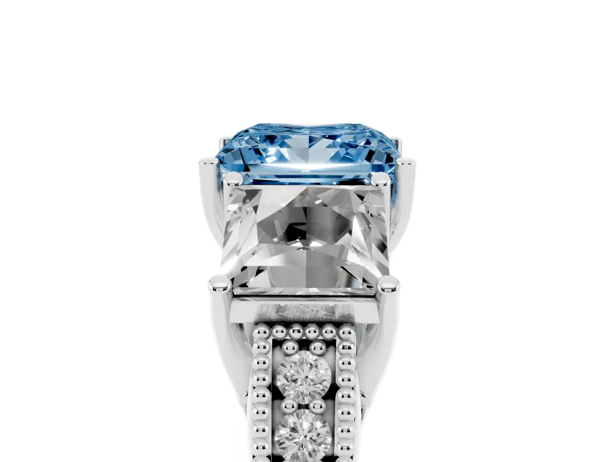 Fancy Blue Three-Stone Princess Cut Cut Milgrain Pavé Engagement Ring Silver