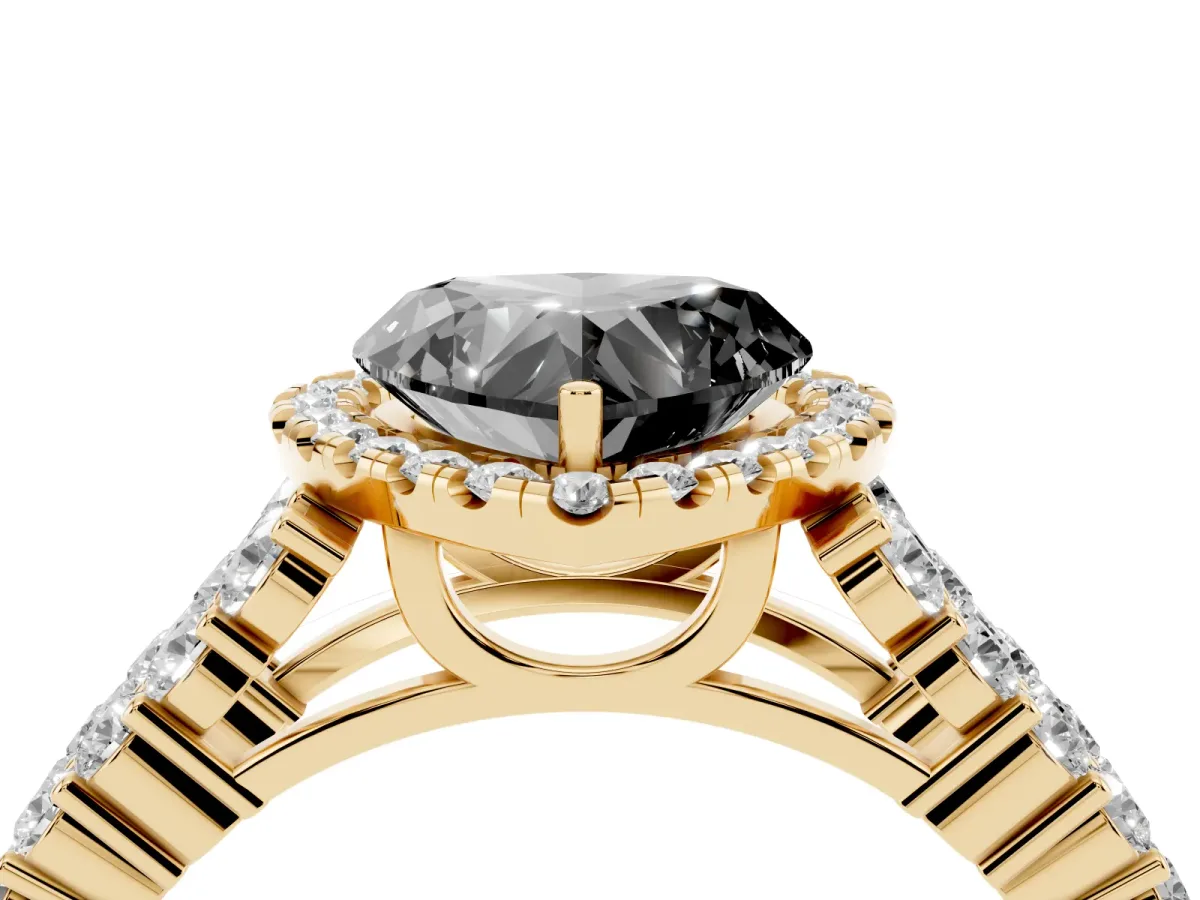 Fancy Black Heart Cut Diamond Halo Engagement Ring with Triple Row Round Pavé Band and Prong Setting Yellow gold