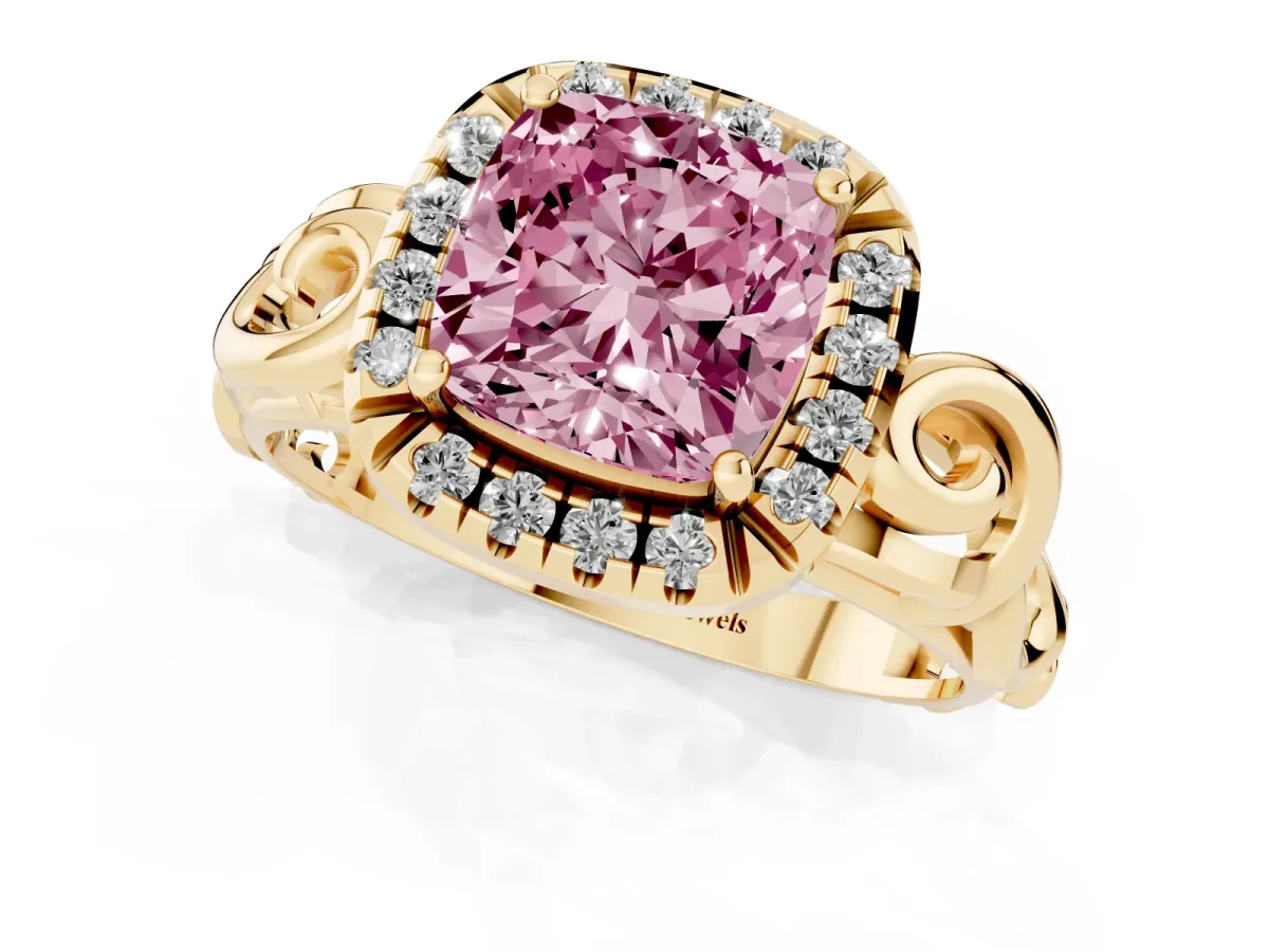Fancy Pink Cushion Cut Cut Halo Diamond Ring with Scrollwork Band and Four-Prong Setting Yellow gold