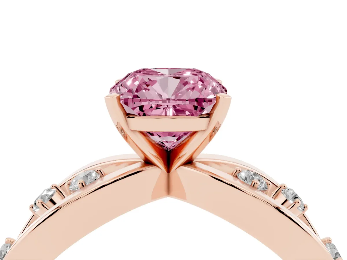 Fancy Pink Cushion Cut Cut Solitaire Diamond with Side Stones on Criss-Cross Band and Four-Prong Setting Rose gold