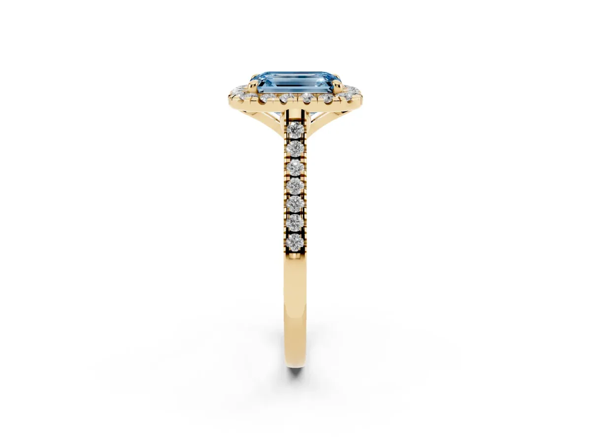 Fancy Blue Emerald Cut Diamond Cushion Halo Ring with Pavé Band Yellow gold