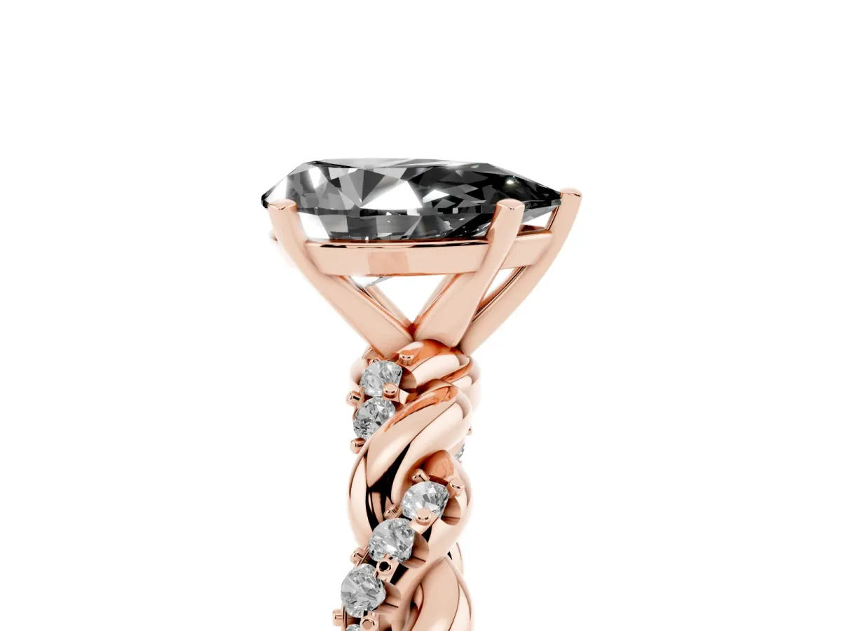Fancy Black Pear Cut Diamond Solitaire Ring with Twisted Band and Pavé Accents Rose gold