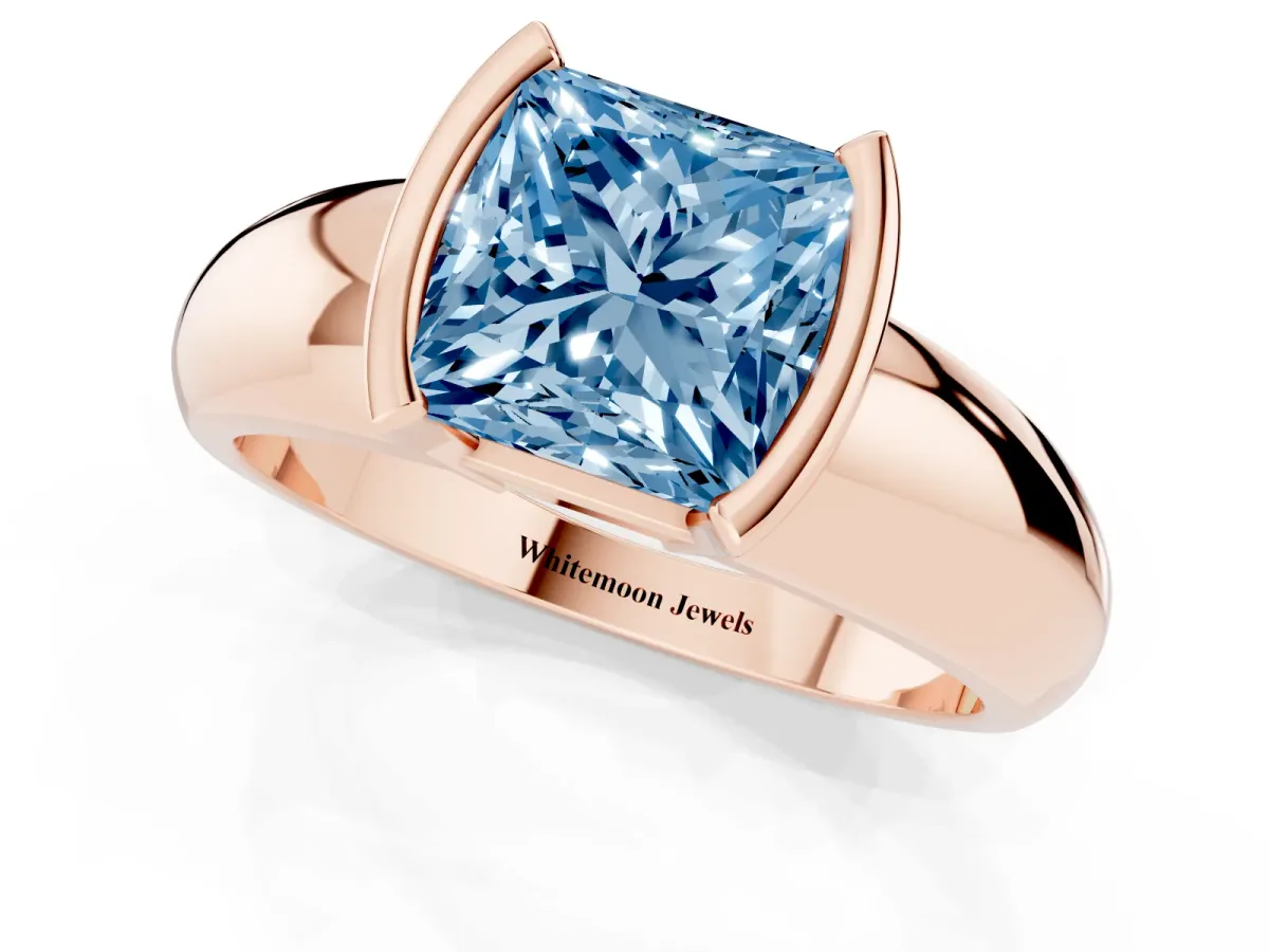 Fancy Blue Princess Cut Solitaire Tension Set Diamond Ring with Wide Band Rose gold