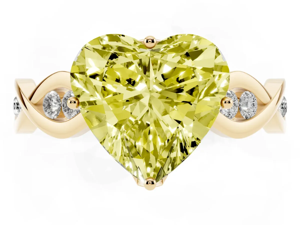 Fancy Yellow Heart Cut Solitaire Twist Band with Leaf Prong Setting Yellow gold