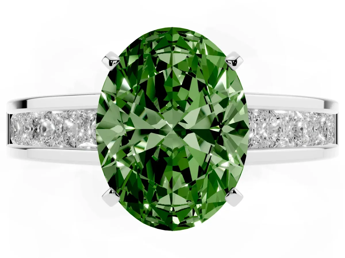 Fancy Green Oval Cut Solitaire Diamond Ring with Channel-Set Band and Four-Prong Setting Silver