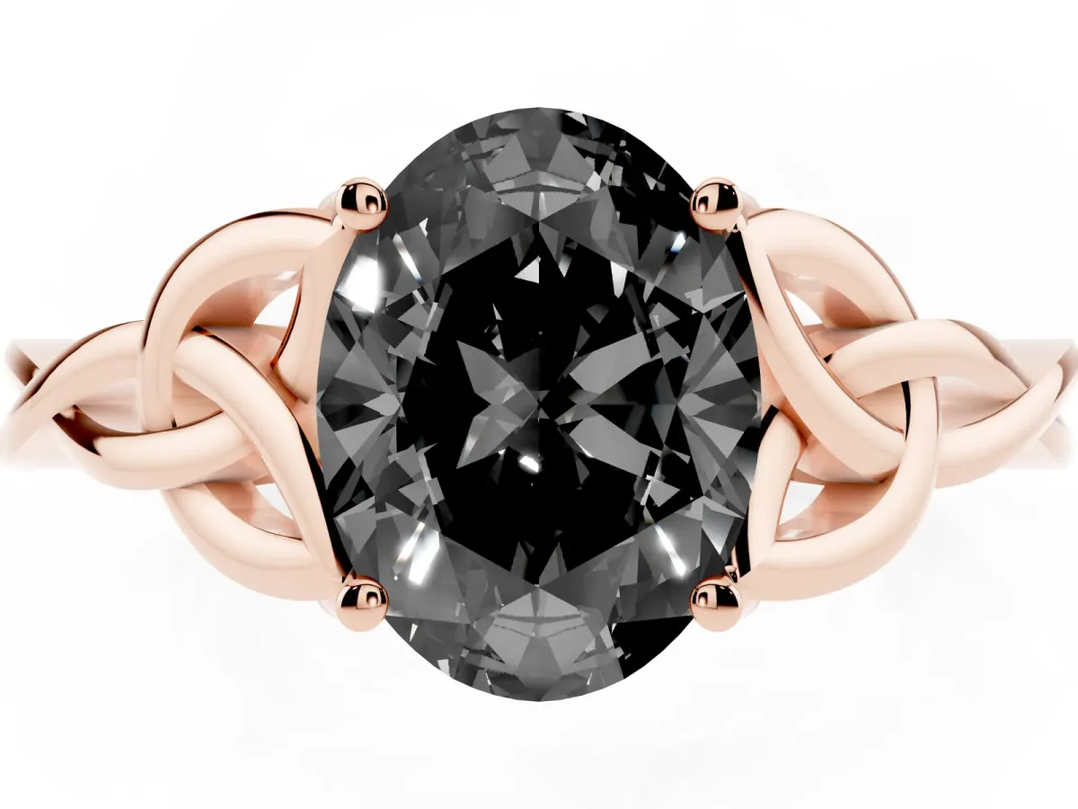 Fancy Black Oval Cut Diamond Solitaire Engagement Ring with Celtic Knot Band and Four-Prong Setting Rose gold