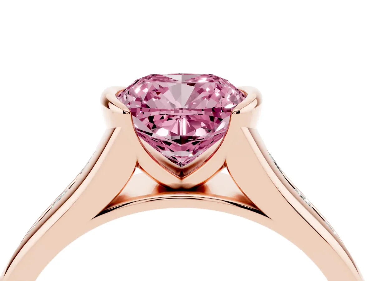 Fancy Pink Cushion Cut Solitaire Bezel-Set Diamond Ring with Channel-Set Band Rose gold