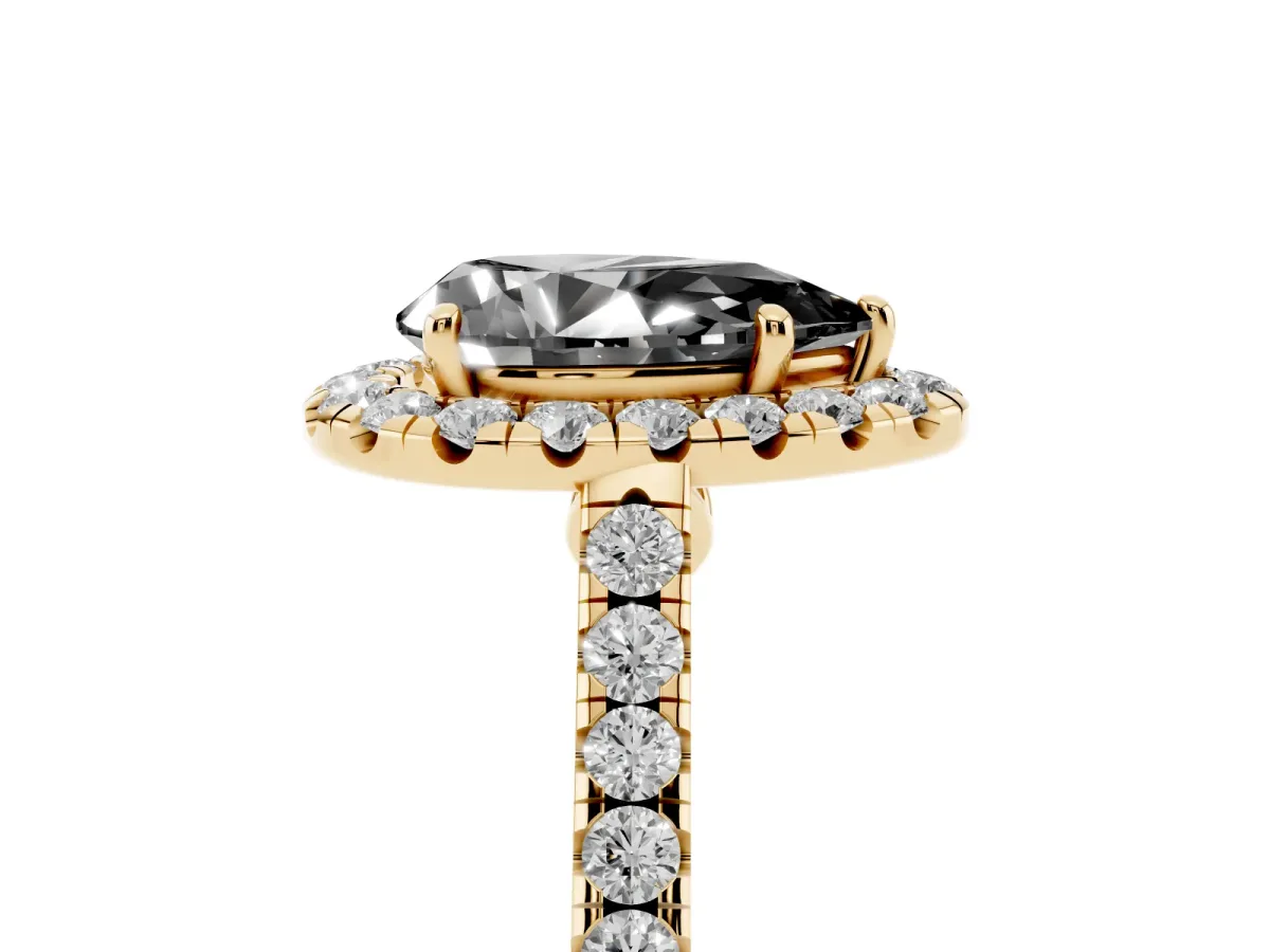 Fancy Black Pear Cut Halo Pave Diamond Engagement Ring with Four-Prong Setting Yellow gold