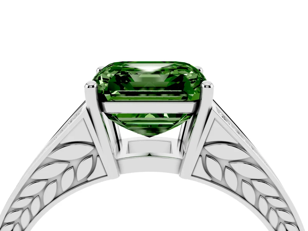 Fancy Green Asscher Cut Diamond Split Shank Ring with Pavé Band and Four-Prong Setting Silver