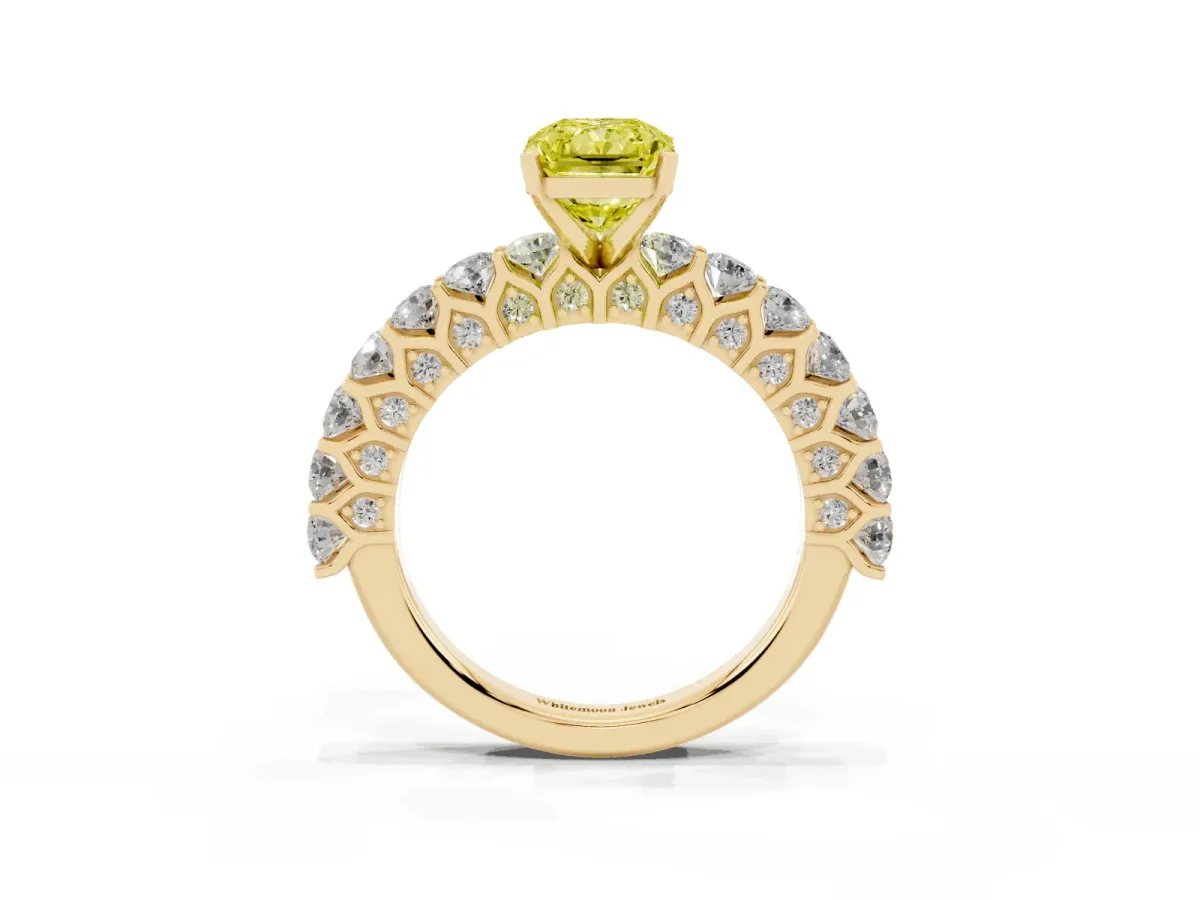 Fancy Yellow Radiant Cut Diamond Solitaire Ring with Shared Prong Pavé Band and Four-Prong Setting Yellow gold
