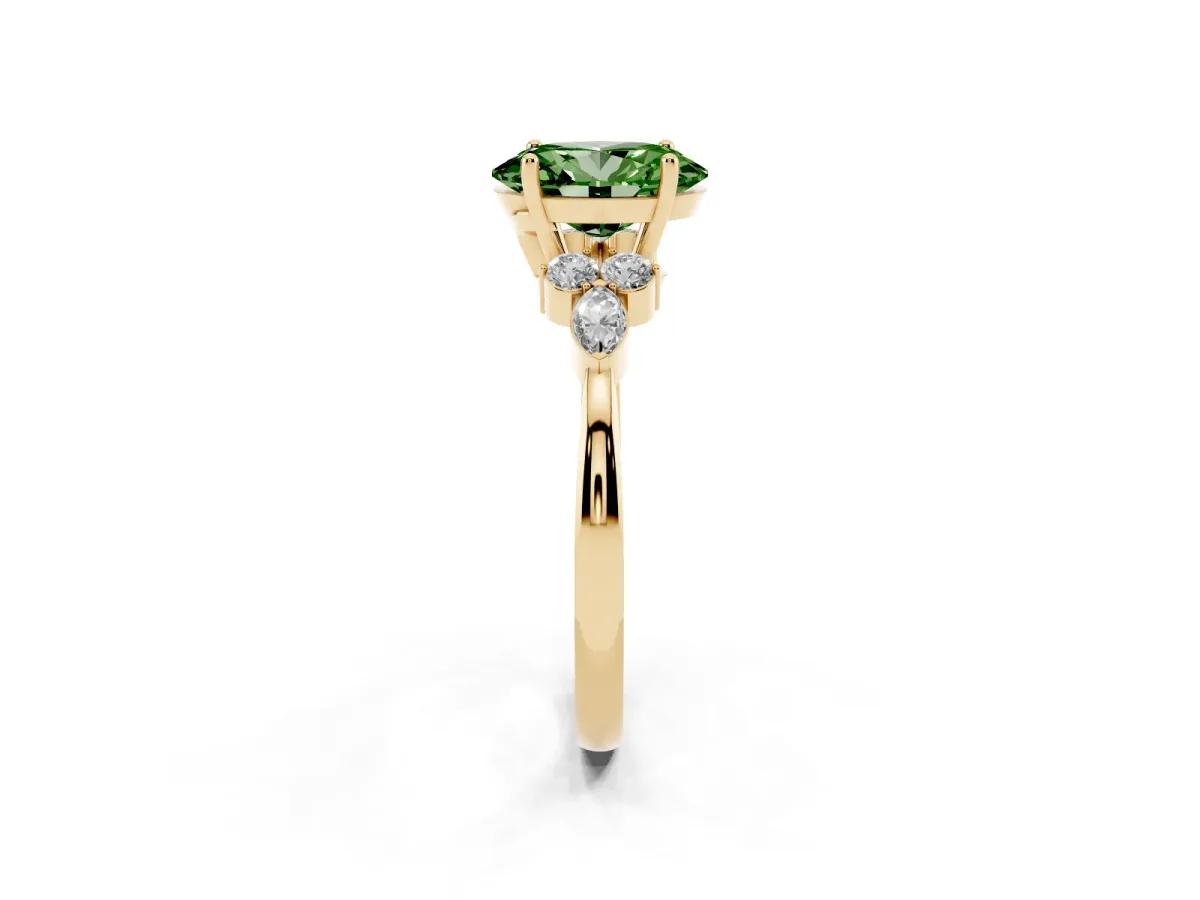 Fancy Green Oval Cut Brilliant Diamond Solitaire Ring with Pear Side Stones and Four-Prong Setting Yellow gold