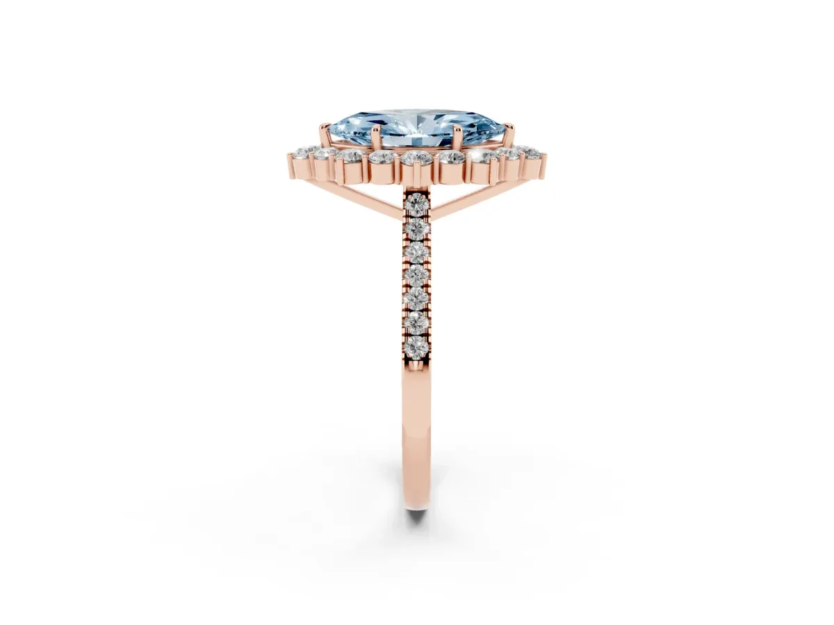 Fancy Blue Marquise Cut Halo Diamond Ring with Pavé Band and Prong Setting Rose gold