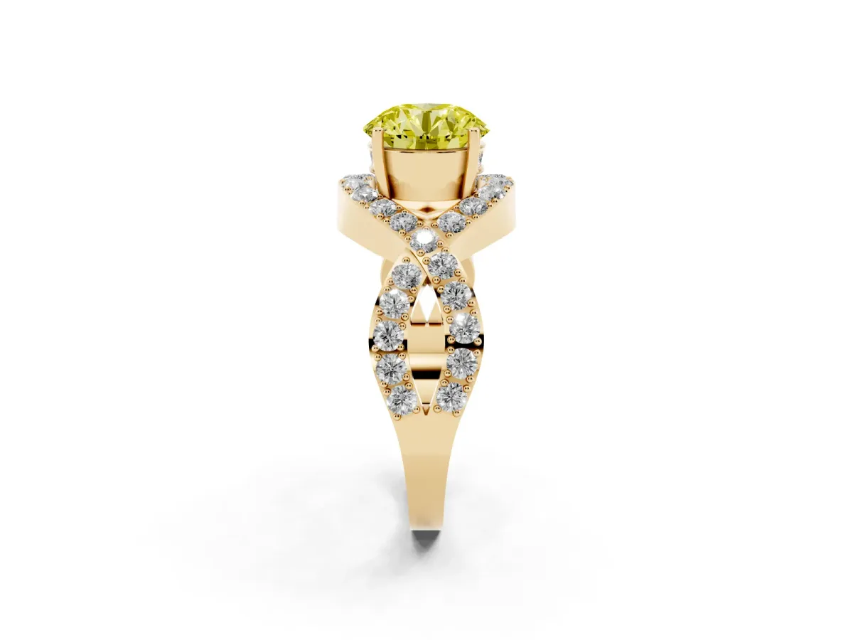 Fancy Yellow Round Cut Solitaire Twist Band Pavé Diamond Engagement Ring Yellow gold