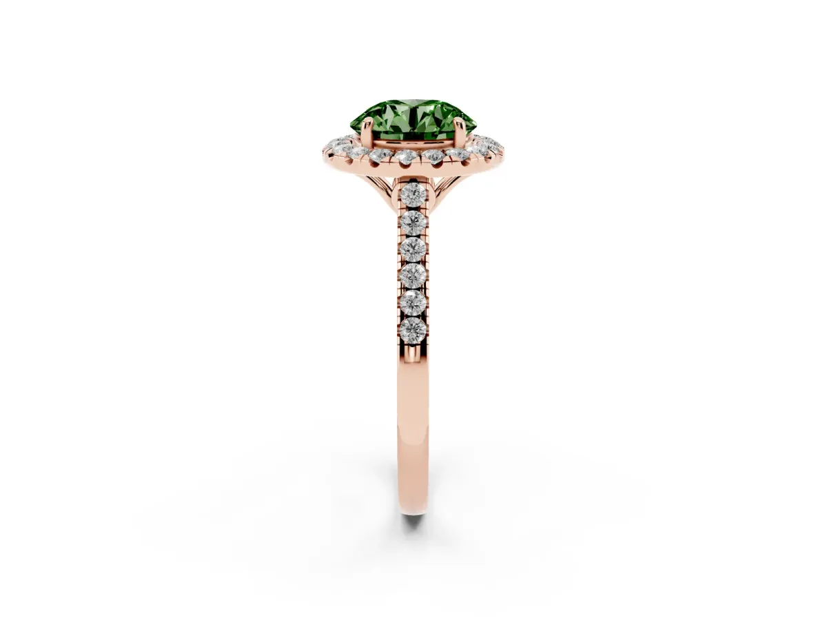 Fancy Green Round Cut Halo Pavé Diamond Engagement Ring with Four-Prong Setting Rose gold
